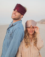 Lead_men2 Man and woman wearing a Vivida Silk Blackout Eye Mask - Burgundy Berry