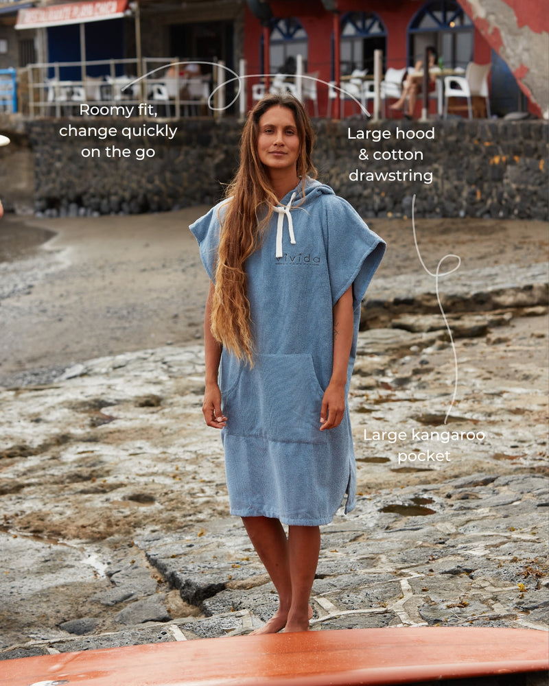 Features of the Vivida Essential Poncho Towel Changing Dry Robe Mineral Blue