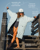 Features of the Vivida Lifestyle All Weather Puffer Changing Robe, Matcha Green Drying Robe for swimming sitting on a beach. Sticker: Best Premium Changing Robe - The Independent.