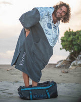 Lead_men2 - Man changes in a Premium Poncho Towel Changing Robe - Cloud Blue Map of Dreams