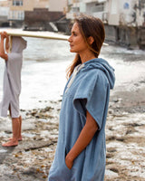 lead_women2 - Woman wearing Essential Poncho Towel Changing Dry Robe Mineral Blue