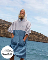 Original Poncho Towel Changing Robe - Frosty Grey / Mineral Blue. Sticker reads Women's Health Best Towelling Changing Robe