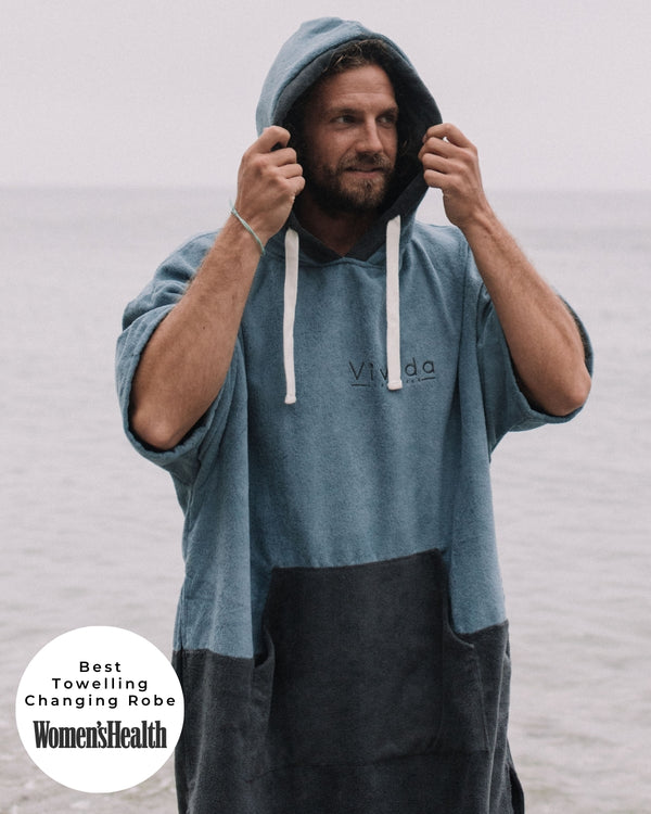 Lead_men - Man wears a Vivida Original Poncho Towel Changing Robe - Mineral Blue / Anthracite Grey