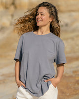 Lead Woman wearing a Vivida Lifestyle Classic Tee Embroidered T-Shirt Celestial Blue