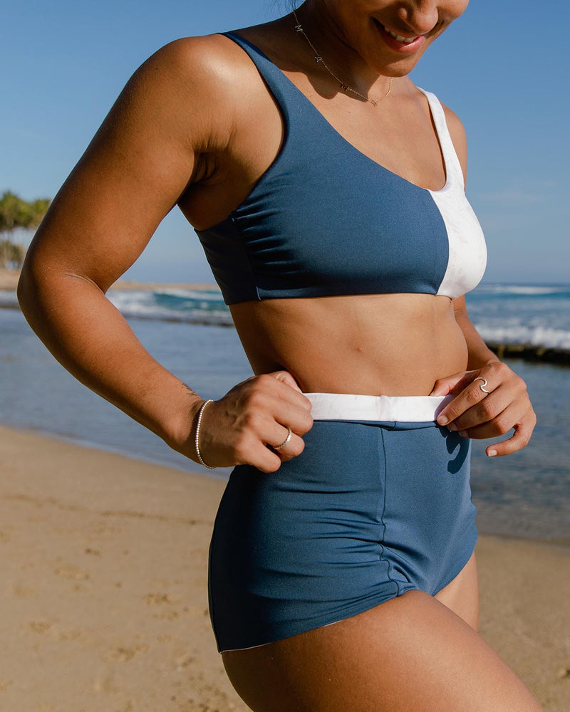 All Day Recycled Reversible High-Waisted Surf Bikini Bottom - Ivory Map of Dreams/Celestial Blue side