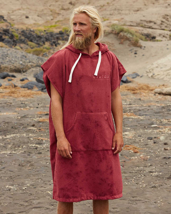 Lead Man wearing Essential Poncho Towel Changing Dry Robe Rhubarb Red