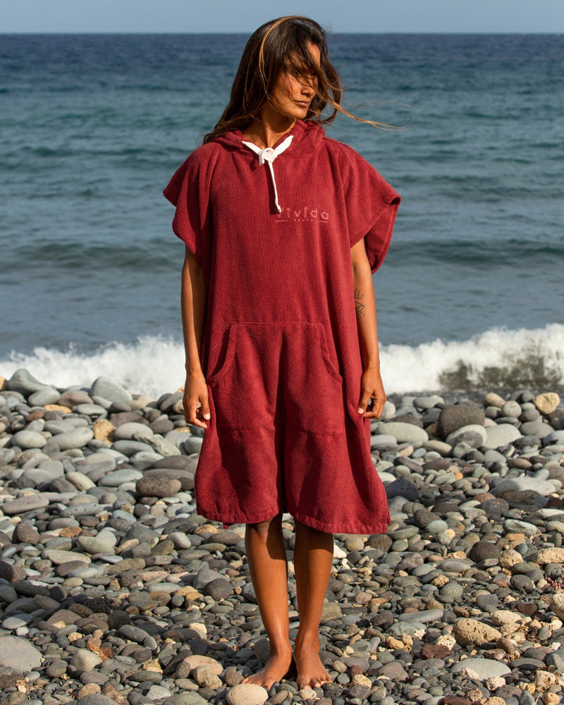 Lead_women - Woman profile wearing Essential Adult Poncho Towel Changing Dry Robe Rhubarb Red