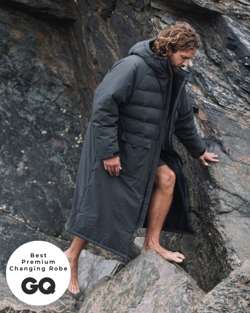 Lead_Men - man wearing a Vivida All Weather Puffer Changing Robe in Fossil Grey