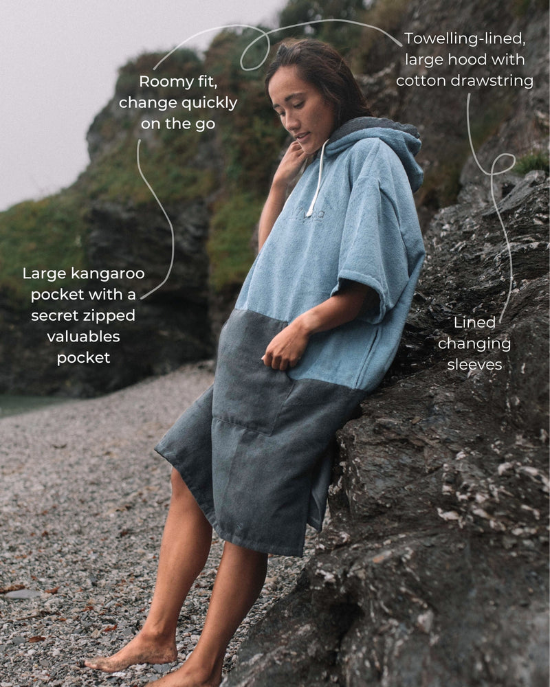 Features of a Vivida Original Poncho Towel Changing Robe - Mineral Blue / Anthracite Grey