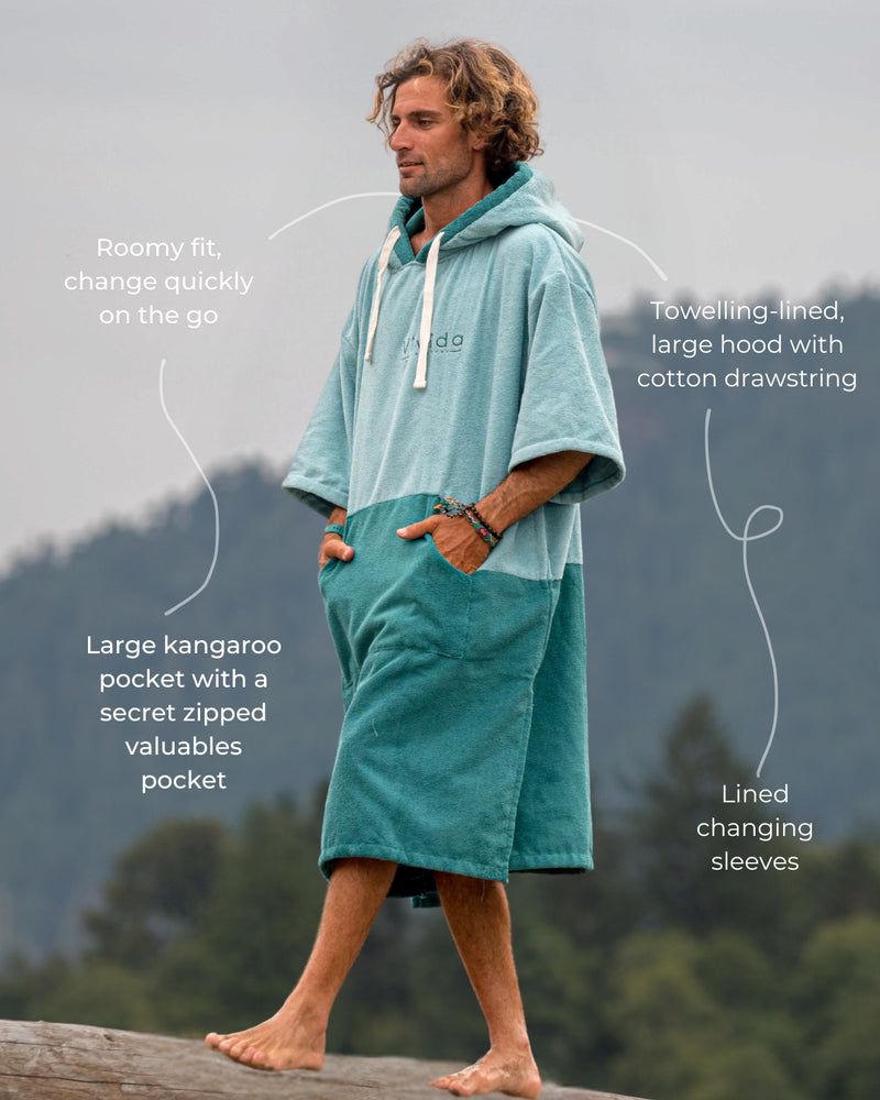 Features of a Vivida Original Poncho Towel Changing Robe - Turquoise Teal / Pacific Teal