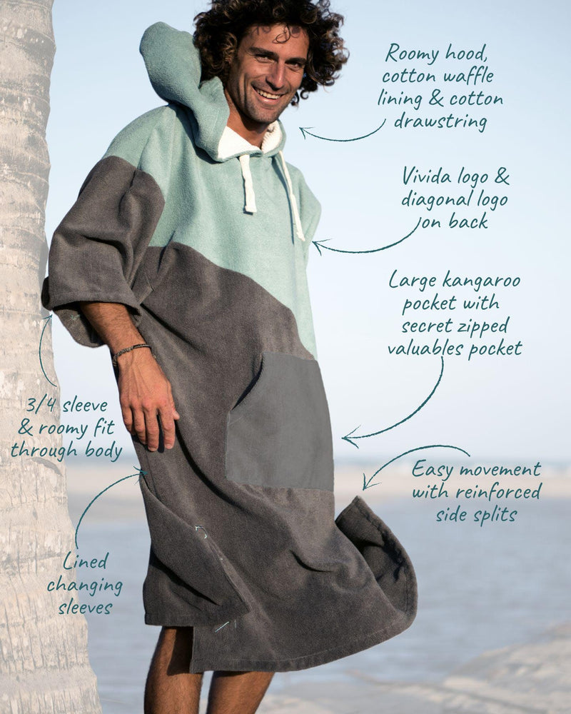 Features of a Vivida Premium Poncho Towel Changing Robe - Turquoise Teal / Olive Grey