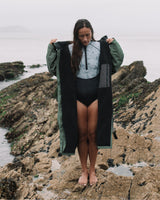 Lead_women2 - Woman wearing a Vivida sherpa weatherproof changing robe Green Map of Dreams
