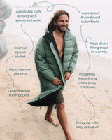 Features of the All Weather Puffer Changing Robe - Aventurine Green with water and wind proof outer shell