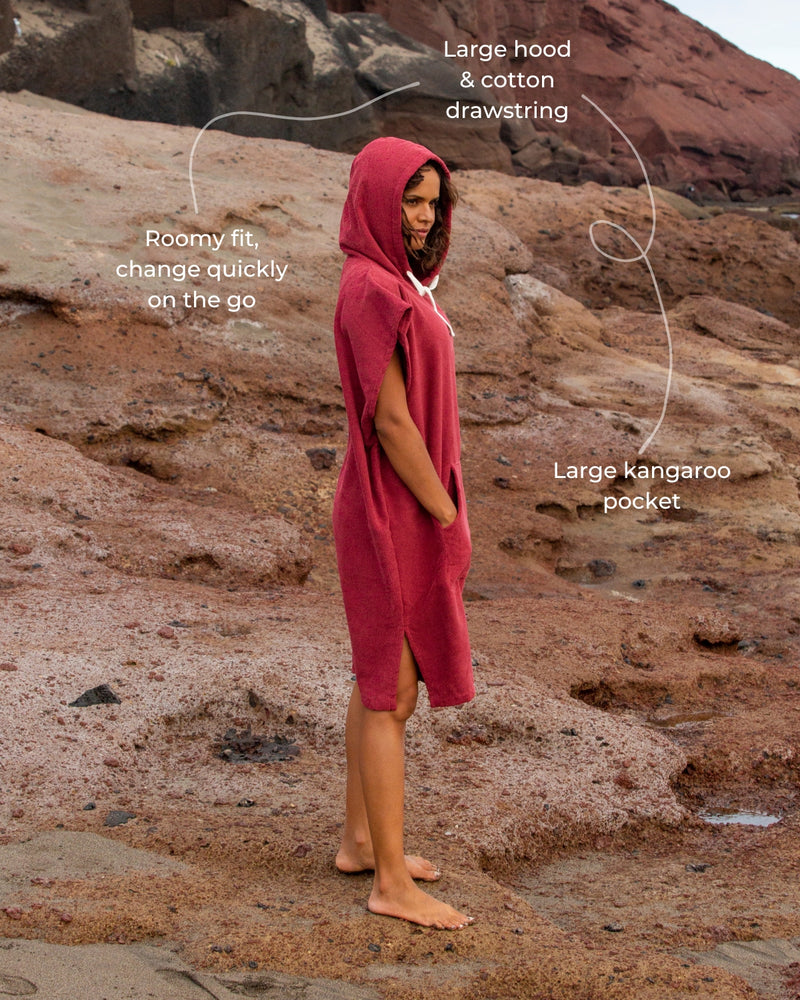 Features of the Vivida Essential Poncho Towel Changing Dry Robe Rhubarb Red