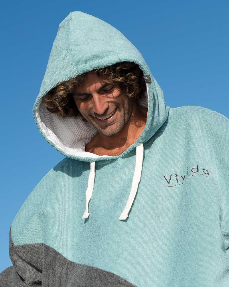 Hood of a Vivida Premium Poncho Towel Changing Robe - Turquoise Teal / Olive Grey