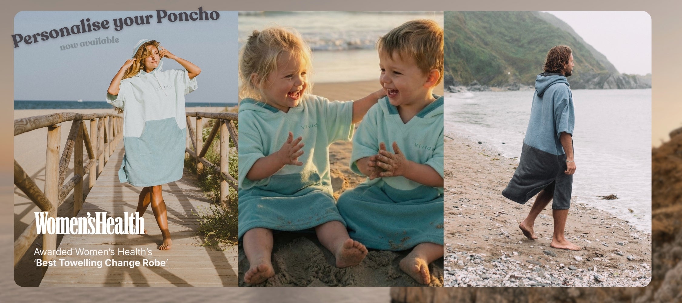 A woman, 2 babies, and a man wearing poncho towels on the beach. The Poncho Towels are by Vivida and are the best towelling change robes. 