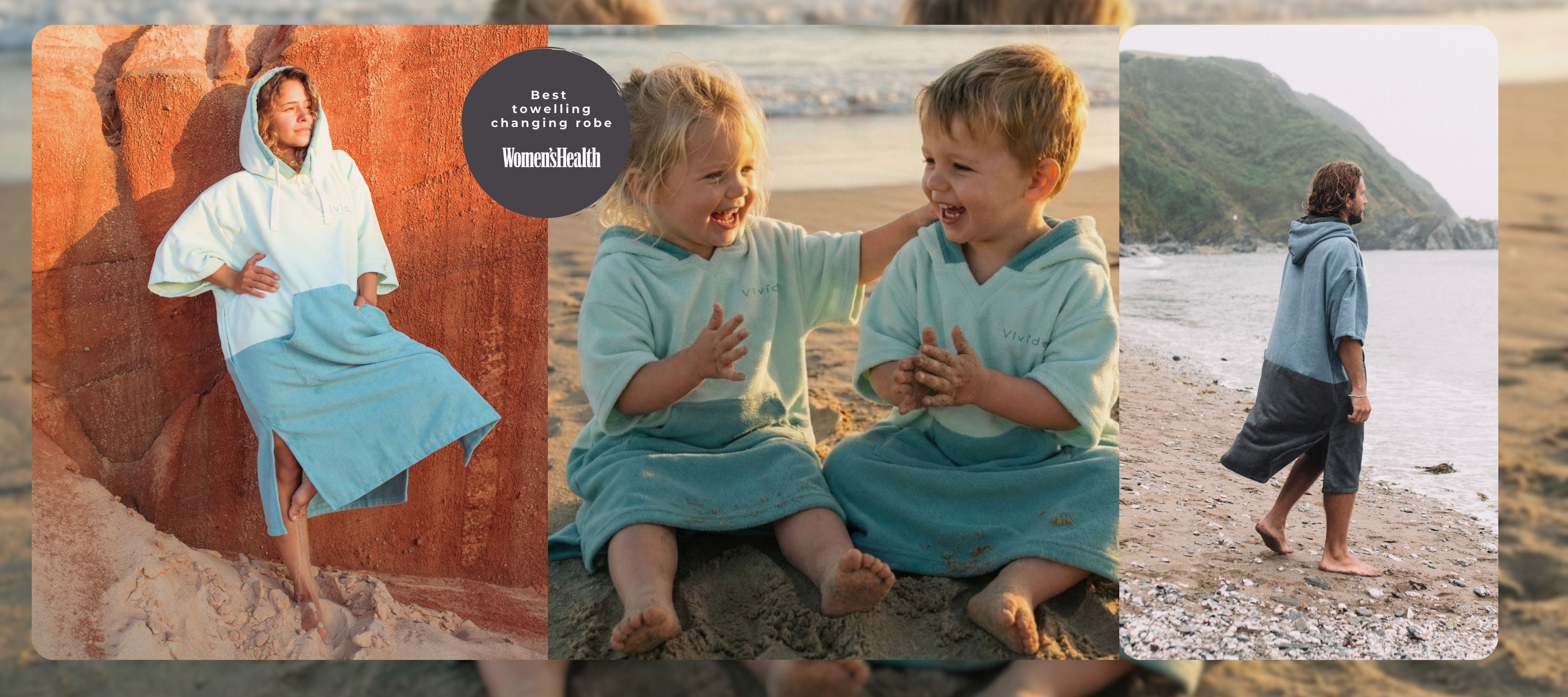 Various people wearing poncho towels in different images. A woman, a man and 2 babies wearing the poncho towels on the beach